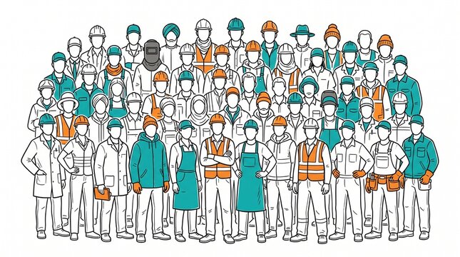 Large group of multi-industry workers celebrating labor day