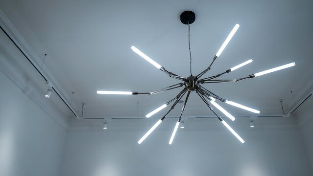 Minimalist branching led chandelier lighting fixture suspended from a white ceiling