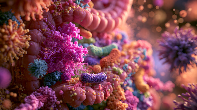 Colorful bacteria and microbes populate a human intestinal tract 3d rendering