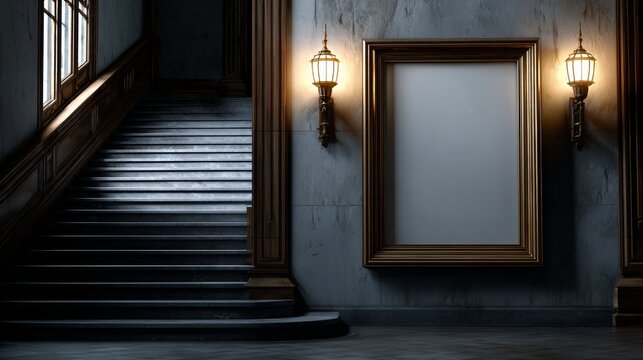 Elegant stairway with golden lamps and empty frame