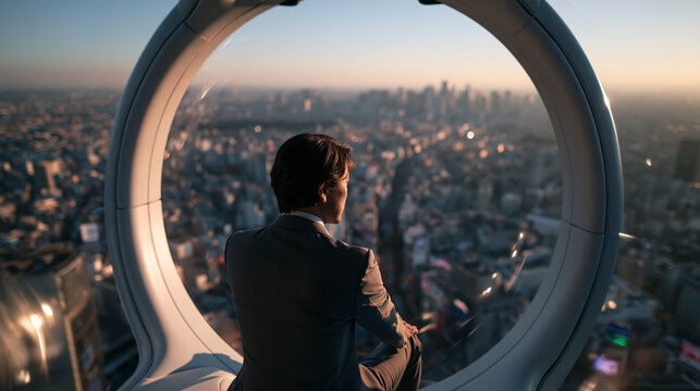 Businessman Looking Out Futuristic Circular Window Over Cityscape