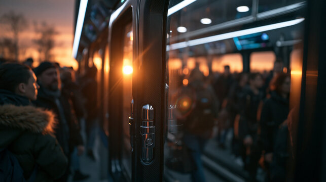 Commuters Waiting at Modern Public Transit Station at Sunset