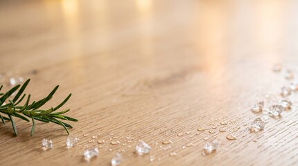 Naklejka premium Fresh rosemary sprig with water droplets on a light wooden table background