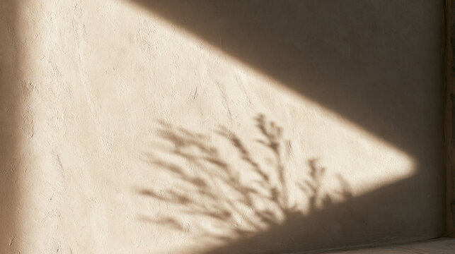 Plant Shadow Cast on Beige Textured Wall in Sunlight