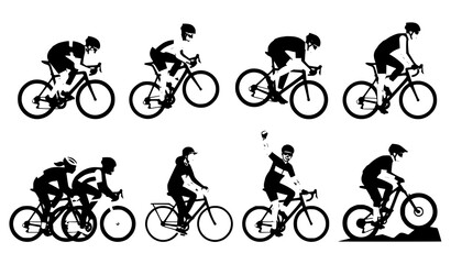 Naklejka premium Collection of bicycle riders in various cycling positions including racing, mountain biking, touring, and recreational riding