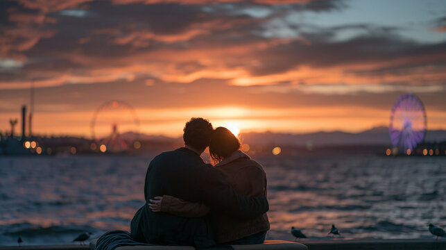 Romantic Couple Embracing While Watching Golden Sunset Over Sea