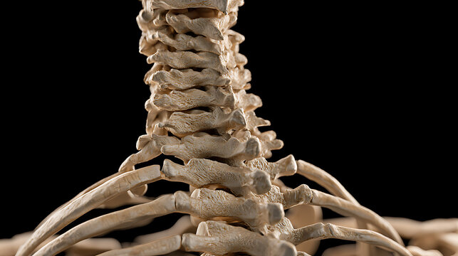 Human cervical spine and ribcage are displayed against a black background