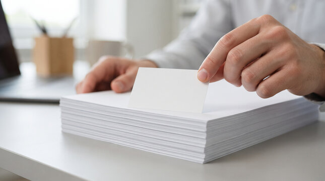 A person holding a blank white rectangular business card over a large stack of identical ad social media download thambnail poster web template event festival 2026 2027 2028
