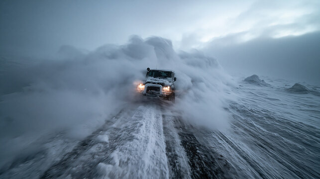 SUV Driving Through Severe Blizzard in Extreme Winter Conditions