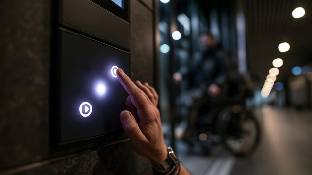 Hand Pressing Smart Intercom Button at Modern Building Entrance