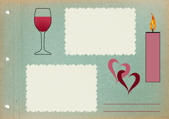 Page for stories. Photo album layout with empty photo frames. Wine glass, wine, candle. Page from an old photo album. For invitations und greetings. © svrid79