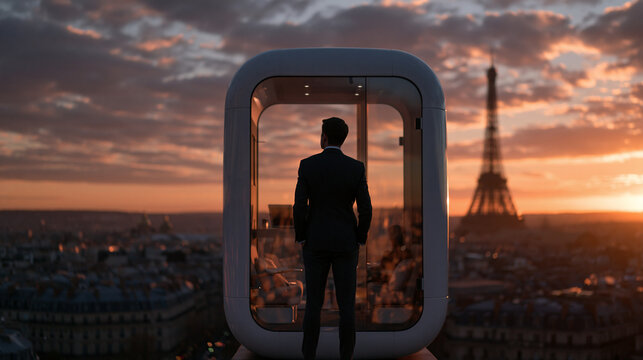 Businessman in Glass Pod Overlooking Paris Skyline at Sunset