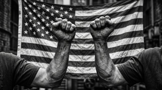 Powerful fists of industry honoring labor day heritage