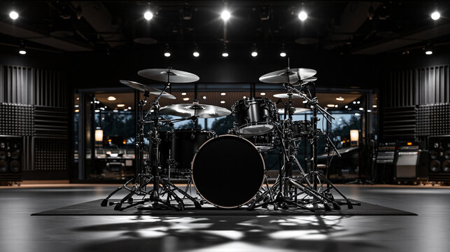 drum kit set up in the center of a large professional recording studio room, hyper-realistic black and white photography, wide shot, overhead studio lighting casting long shadows,