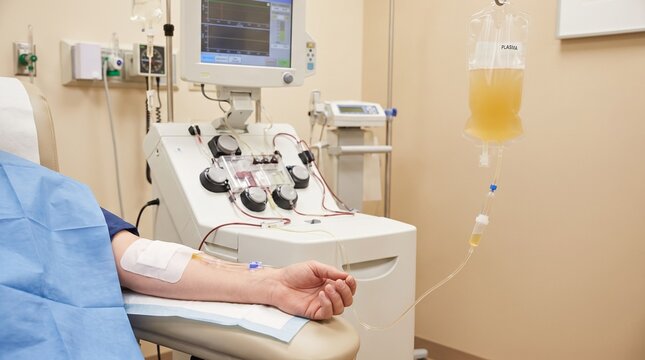 Plasma Donation Through Apheresis Machine, Donor Arm With IV Line and Collected Blood Plasma in Medical Clinic