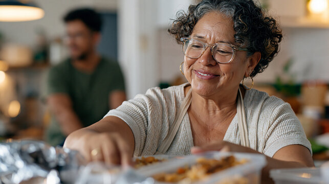 candid documentary-style photo, older mother packing containers of home-cooked meals into a bag for her adult child standing in the doorway, quiet tender exchange, modest lived-in
