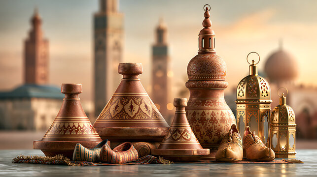 Moroccan pottery and slippers rest before a scenic cityscape at sunset