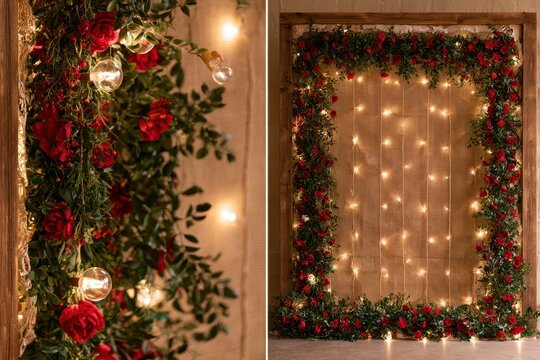 Intimate rustic wedding backdrop: red flowers, garlands and warm bulbs for a photo corner