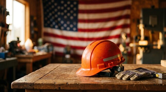 Safety gear on wooden table for labor day observation