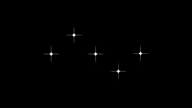 Cluster of five  sparkling white star flares in 4k pulsing rhythmically with sharp cross rays and constellation pattern overlay for dynamic motion graphics design