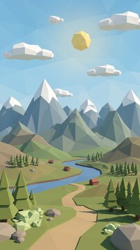 Low Poly Mountain Landscape with River and Cabins