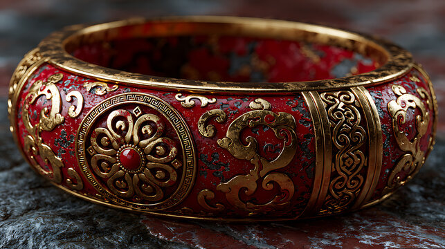 Ornate red and gold bracelet rests on a dark textured surface