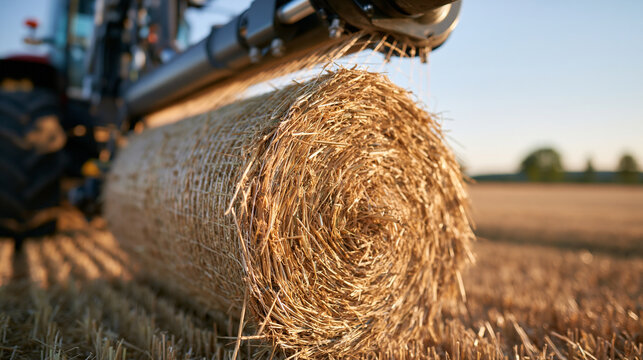 photorealistic stock photography, concept haymaking for livestock, close-mid shot of a round hay bale being wrapped with net mesh by a baler mechanism, visible texture of compresse