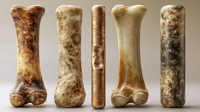 Five human femur bones demonstrate stages of fracture healing and bone remodeling