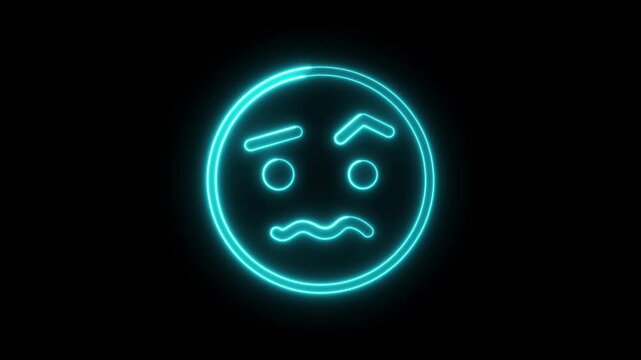 Neon blue glowing anxious face emoji icon with nervous expression on dark black background