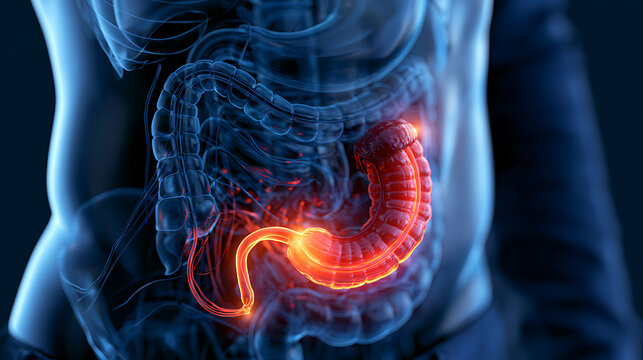 Human cecum and appendix anatomy illustration with glowing inflammation detail