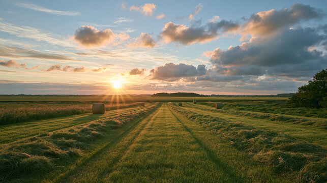 photorealistic stock photography, concept haymaking for livestock, rows of drying grass windrows stretching across a sunlit field, soft morning light casting long shadows, visible