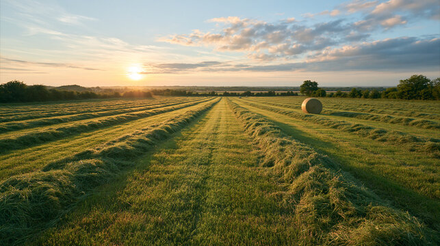 photorealistic stock photography, concept haymaking for livestock, rows of drying grass windrows stretching across a sunlit field, soft morning light casting long shadows, visible