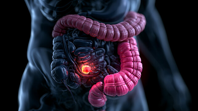Inflamed human appendix within the digestive system detailed anatomical rendering