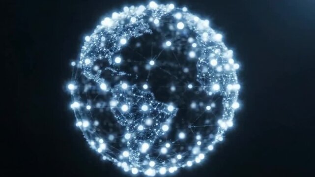 Digital global network sphere rotating with glowing connection dots 3D animation