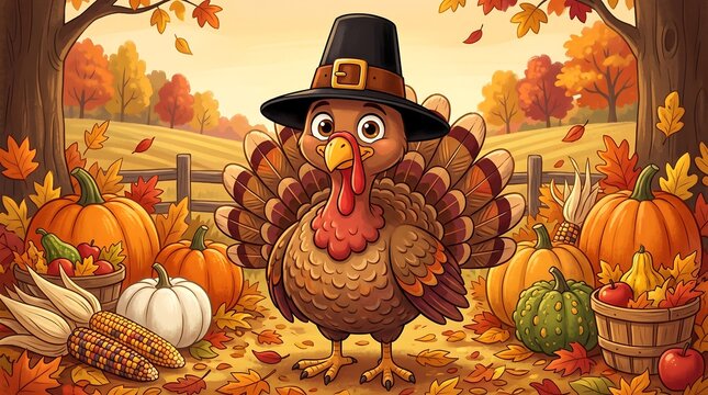 Cute Thanksgiving turkey wearing pilgrim hat. Autumn harvest scene with pumpkins and fall leaves. Festive holiday illustration for seasonal greeting cards.