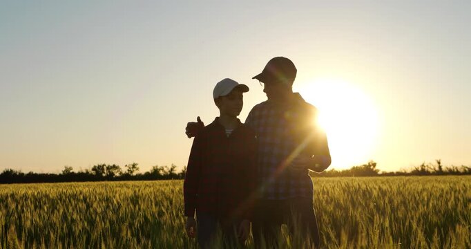 Father and son silhouettes walk through wheat field at sunset, sharing conversation and warm embrace. Countryside scene represents family values, trust and strong bond across generations.