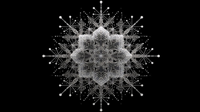Intricate white snowflake drawing against a black background showcases geometric detail
