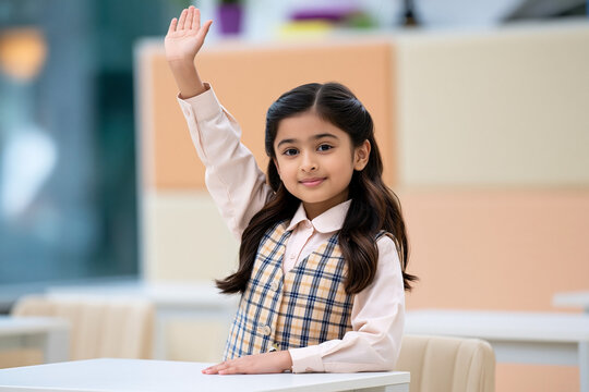 South Asian schoolgirl raising hand sitting at classroom desk to answer question during lesson