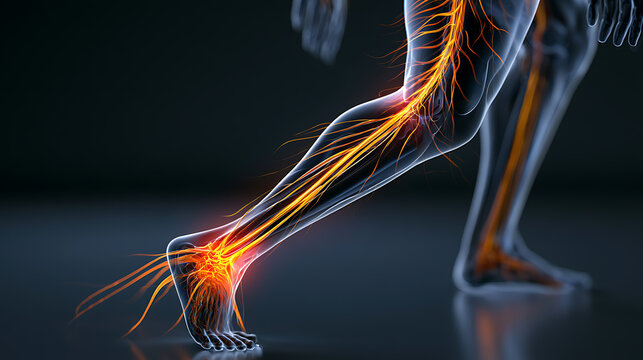 Sciatic nerve illustration depicts inflammation and anatomical detail of the lower leg
