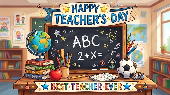Happy Teacher's Day greeting card, classroom background with chalkboard and school supplies, Best Teacher Ever banner and globe