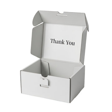 A white cardboard box with a thank you message