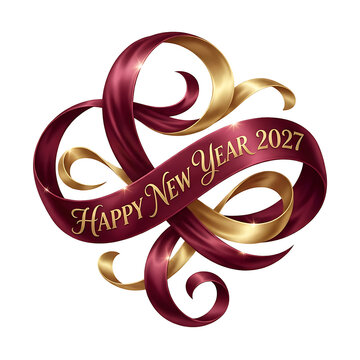 Happy New Year 2027 text on elegant burgundy and gold swirling ribbon isolated on transparent background