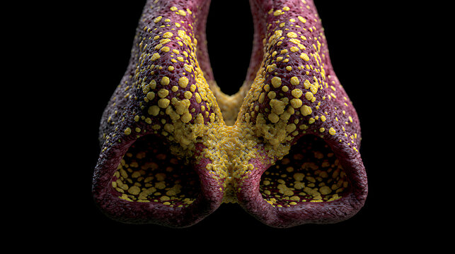 Inflamed nasal sinuses filled with yellow mucus detailed anatomical rendering