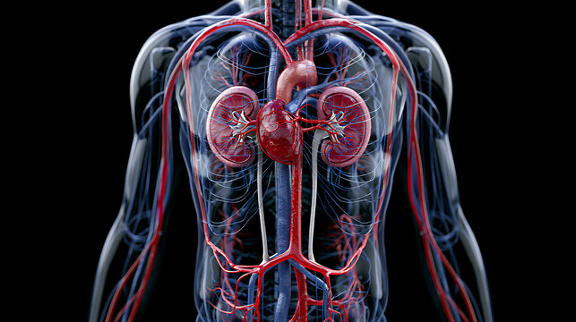 Human circulatory and urinary systems illustration with blood flow and kidney detail