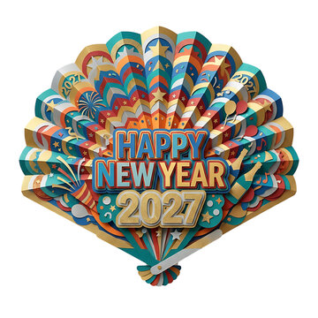 Paper craft folding fan with Happy New Year 2027 text isolated on transparent background