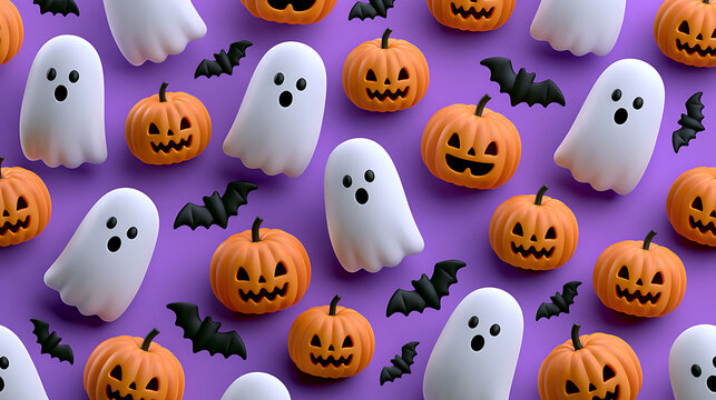 Halloween pattern features friendly ghosts and carved pumpkins on a purple background