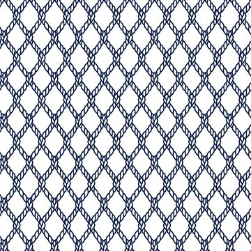 Seamless nautical rope pattern with repeating diamond knots in navy blue on white, ideal for textiles, wallpaper, wrapping paper, apparel and coastal themed design.