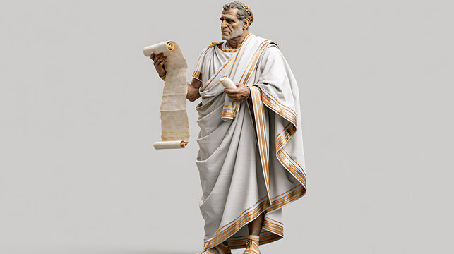 Roman senator in a white toga reads a scroll against a neutral background