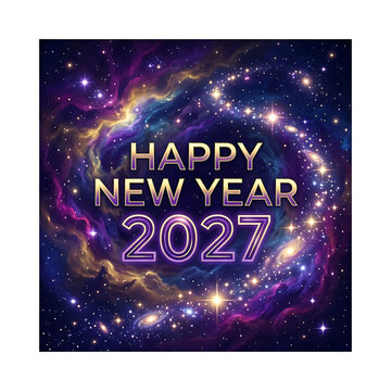 Happy New Year 2027 text over a colorful galaxy nebula isolated on transparent background for holiday design