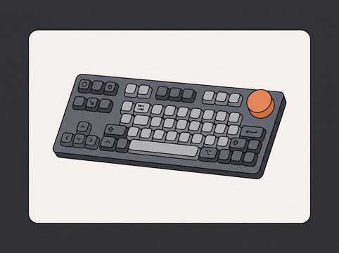 Minimalist illustration of a custom mechanical keyboard with a rotary knob